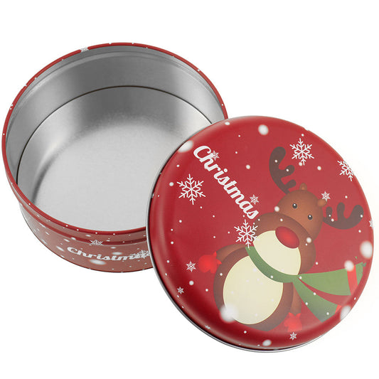 Cutie metalică rotundă roșie cu model ren de Crăciun
