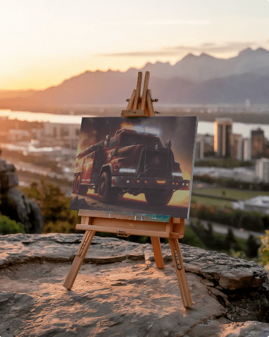 Tablou canvas personalizat cu camion de pompieri expus pe șevalet în aer liber, cu peisaj urban la apus. Perfect pentru decor interior cu stil unic.