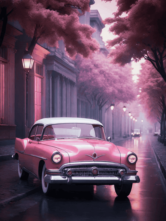 Tablou canvas cu mașină clasică roz pe o stradă romantică, parte din pachet tablouri canvas cupluri - elegante și durabile pentru decor interior.