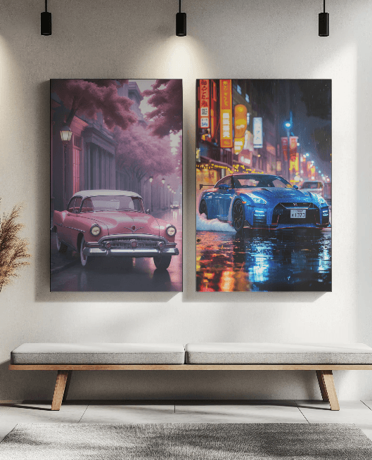 Set de tablouri canvas personalizate cu mașini clasice și sport, perfect pentru decor elegant în living sau spații moderne.