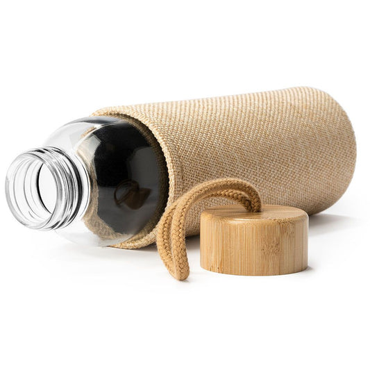 Bidon din sticlă cu capac de lemn TRILBY + husă iută