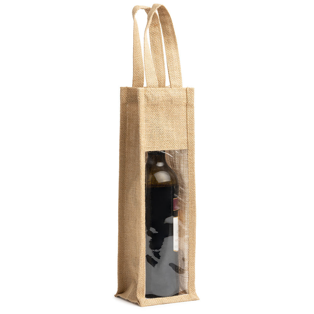 Sacosa din iuta pentru sticla de vin - cu fereastra