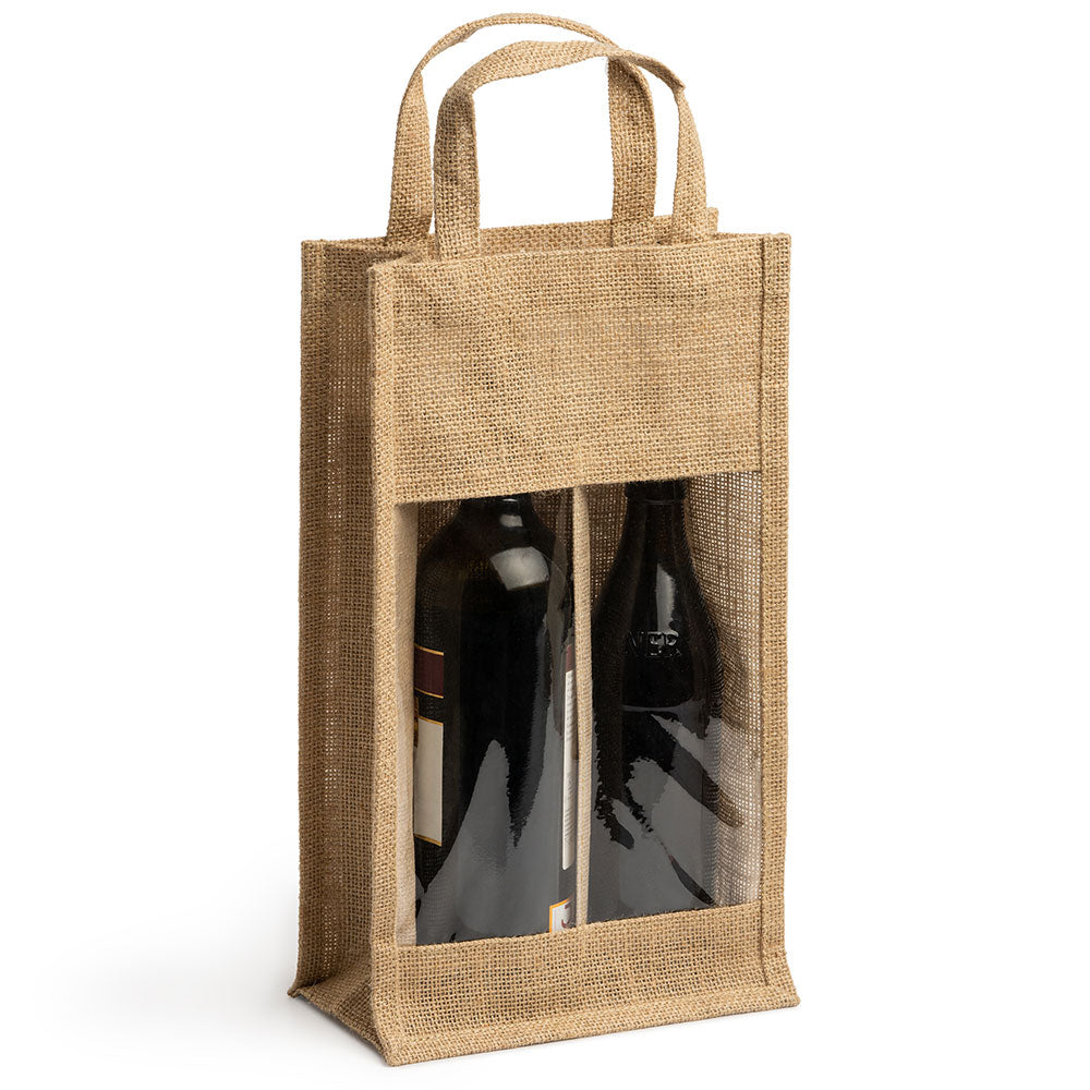 Sacosa dubla din iuta pentru sticle de vin - cu fereastra