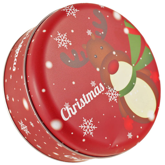 Cutie metalică rotundă roșie cu model ren de Crăciun