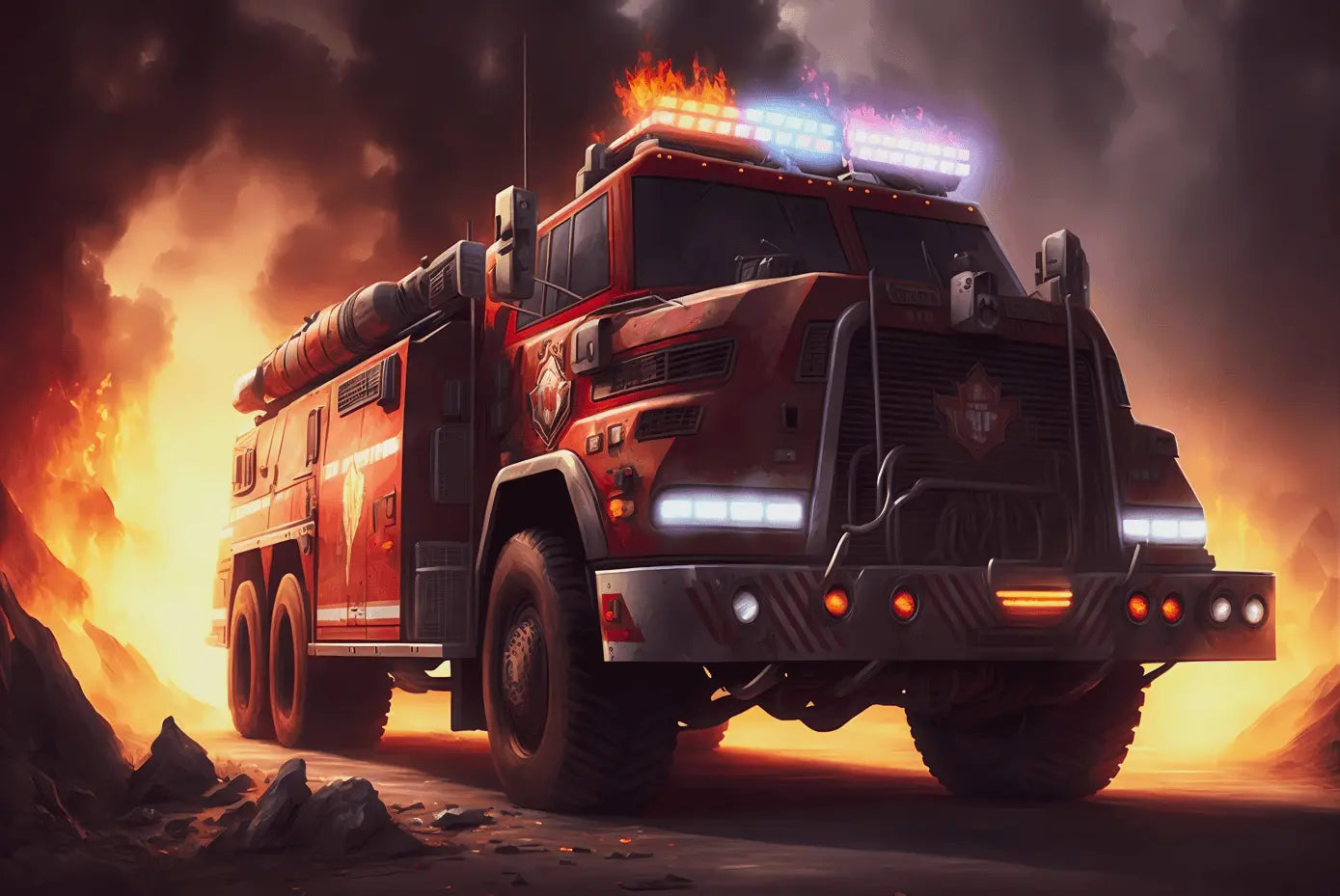 Canvas cu pompieri personalizat cu un camion de pompieri în flăcări, redat în detalii realiste. Ideal pentru decor tematic sau cadou special.