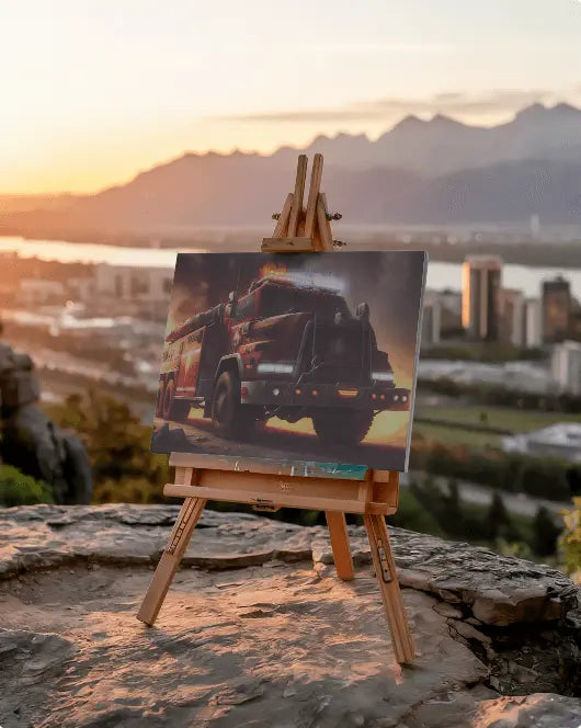 Tablou canvas personalizat cu camion de pompieri expus pe șevalet în aer liber, cu peisaj urban la apus. Perfect pentru decor interior cu stil unic.