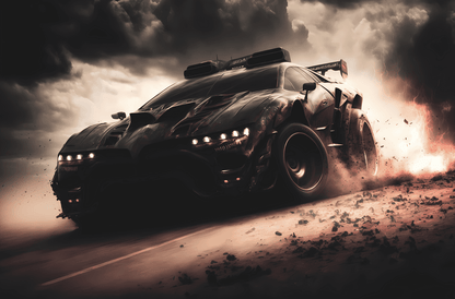 Tablou Canvas Personalizat - Dustcar cu mașină futuristă în stil apocaliptic, ideal pentru decor modern în categoria tablouri canvas.