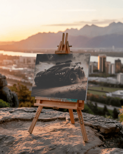 Tablou Canvas Personalizat - Dustcar expus pe șevalet în aer liber, cu vedere panoramică, perfect pentru decor artistic și urban.