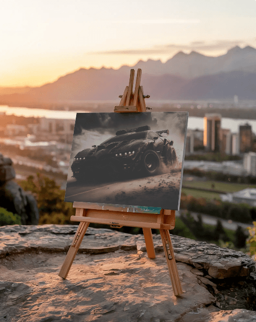 Tablou Canvas Personalizat - Dustcar expus pe șevalet în aer liber, cu vedere panoramică, perfect pentru decor artistic și urban.