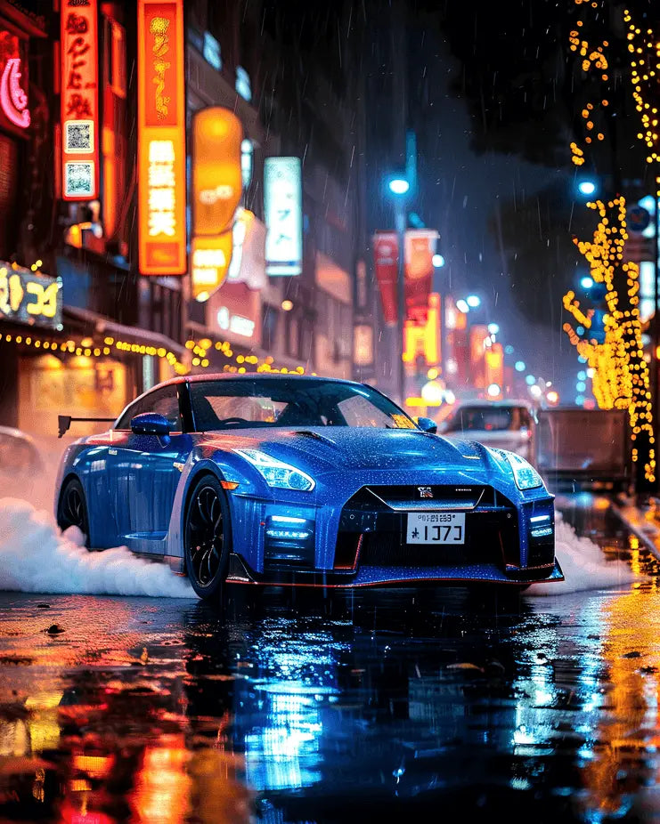 Tablou canvas personalizat cu mașină sport Nissan GT-R pe străzile Tokyo-ului noaptea, ideal pentru decor elegant și pasionații de mașini.