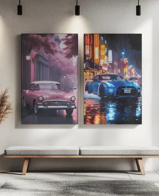Set de tablouri canvas personalizate cu mașini clasice și sport, perfect pentru decor elegant în living sau spații moderne.