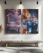 Set de tablouri canvas personalizate cu mașini clasice și sport, perfect pentru decor elegant în living sau spații moderne.